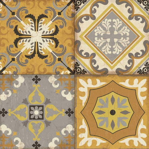 Golden Glow Tiles Black Ornate Wood Framed Art Print with Double Matting by Pela Studio