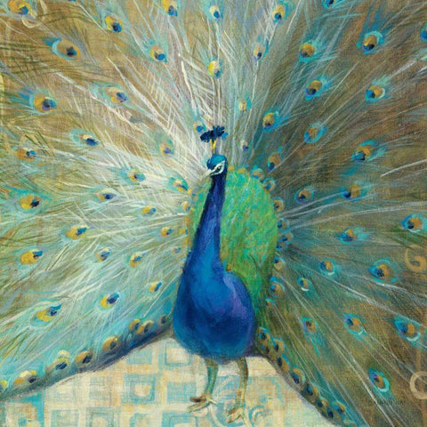 Blue Peacock on Gold Gold Ornate Wood Framed Art Print with Double Matting by Nai, Danhui