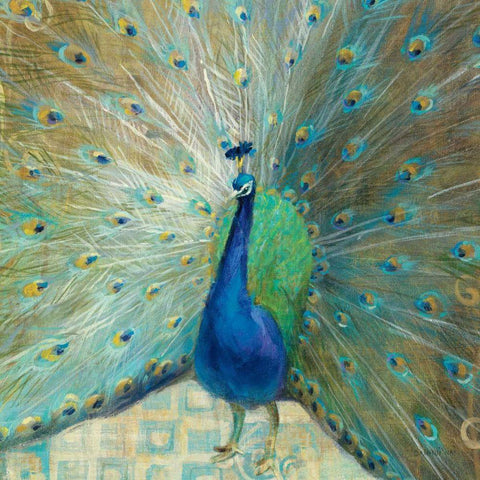 Blue Peacock on Gold White Modern Wood Framed Art Print by Nai, Danhui