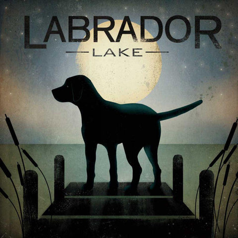 Moonrise Black Dog - Labrador Lake White Modern Wood Framed Art Print by Fowler, Ryan