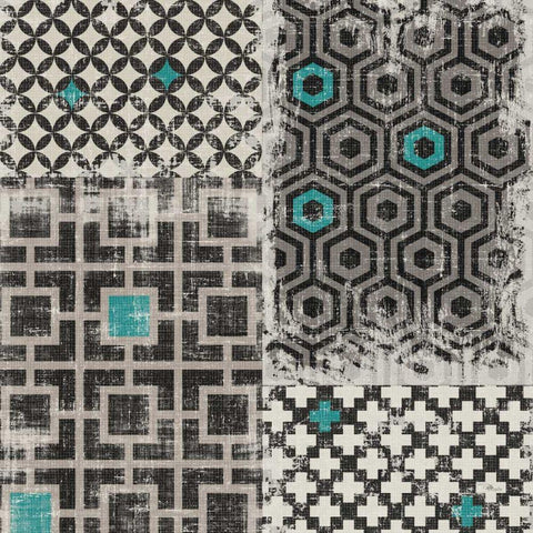 Geometric Patchwork Peacock Blue Square II White Modern Wood Framed Art Print with Double Matting by Pela Studio