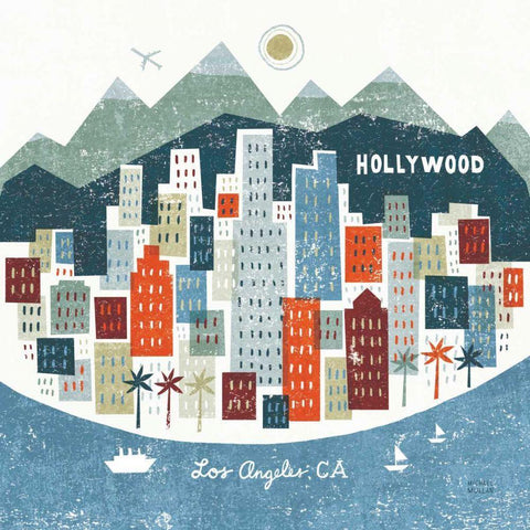 Colorful Los Angeles White Modern Wood Framed Art Print with Double Matting by Mullan, Michael