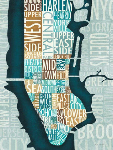 Manhattan Map Blue Brown  Black Ornate Wood Framed Art Print with Double Matting by Mullan, Michael