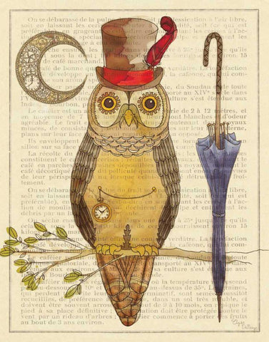 Steampunk Owl I Black Ornate Wood Framed Art Print with Double Matting by DeNeige, Elyse