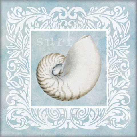 Sandy Shells Blue on Blue Nautilus White Modern Wood Framed Art Print by Grove, Beth