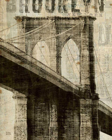 Vintage NY Brooklyn Bridge Black Ornate Wood Framed Art Print with Double Matting by Mullan, Michael