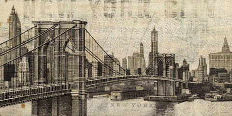 Vintage NY Brooklyn Bridge Skyline White Modern Wood Framed Art Print with Double Matting by Mullan, Michael