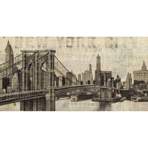 Vintage NY Brooklyn Bridge Skyline Black Modern Wood Framed Art Print by Mullan, Michael
