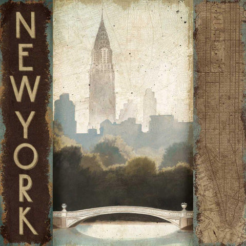 City Skyline New York Vintage Square Black Ornate Wood Framed Art Print with Double Matting by Fabiano, Marco