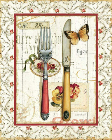 Rose Garden Utensils I Red Black Ornate Wood Framed Art Print with Double Matting by Audit, Lisa