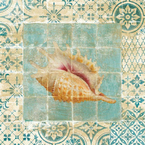 Shell Tiles II Blue Gold Ornate Wood Framed Art Print with Double Matting by Nai, Danhui