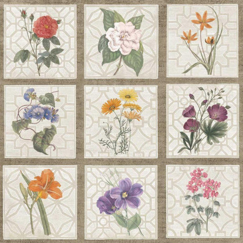 Monument Etching Tile Flowers Square I White Modern Wood Framed Art Print with Double Matting by Wild Apple Portfolio