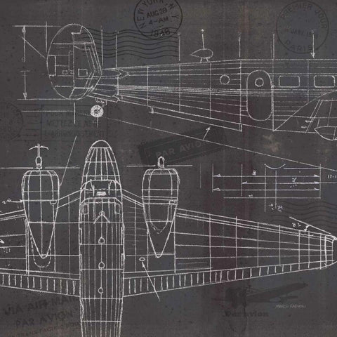 Plane Blueprint II White Modern Wood Framed Art Print with Double Matting by Fabiano, Marco