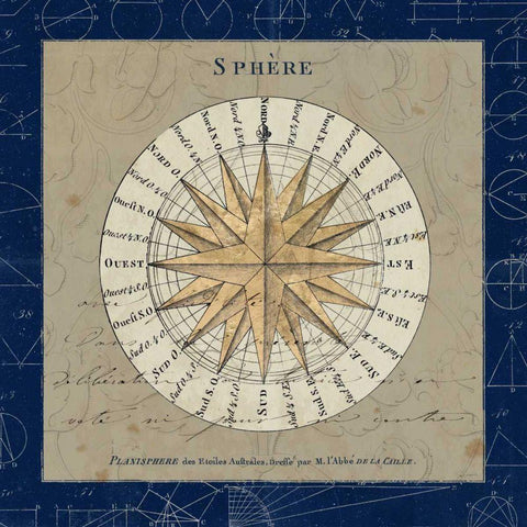 Sphere Compass Blue Gold Ornate Wood Framed Art Print with Double Matting by Schlabach, Sue
