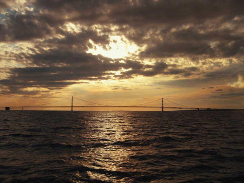 Mackinac Bridge Sunset White Modern Wood Framed Art Print with Double Matting by Marshall, Laura