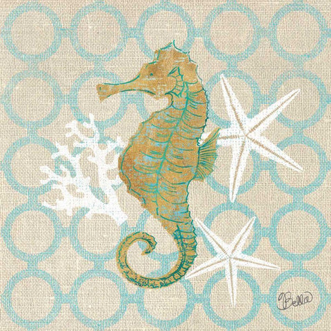 Beach Linen Seahorse Gold Ornate Wood Framed Art Print with Double Matting by Studio Bella