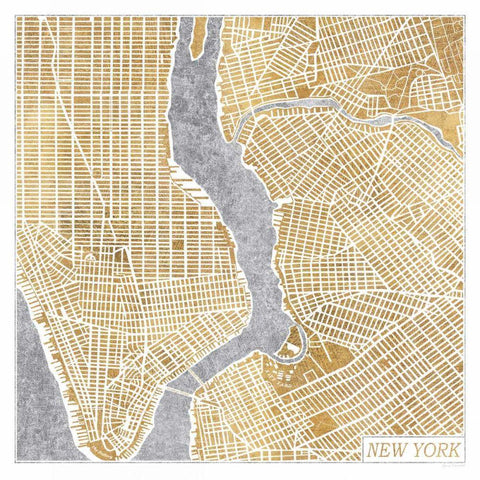 Gilded New York  Map Gold Ornate Wood Framed Art Print with Double Matting by Marshall, Laura