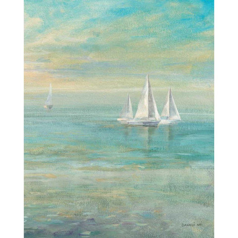 Sunrise Sailboats II Black Modern Wood Framed Art Print with Double Matting by Nai, Danhui