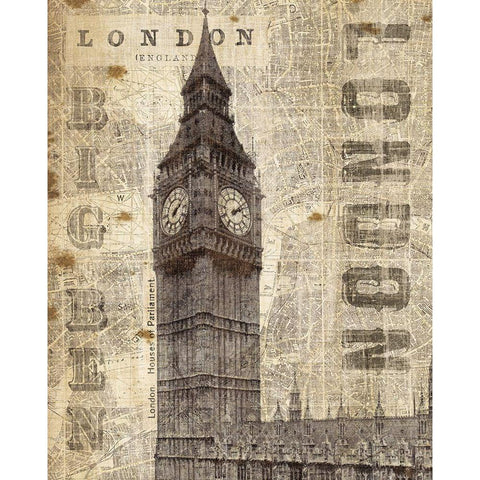 Vintage London Big Ben Black Modern Wood Framed Art Print with Double Matting by Mullan, Michael