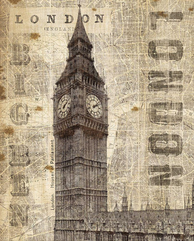 Vintage London Big Ben White Modern Wood Framed Art Print with Double Matting by Mullan, Michael