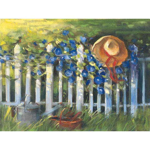 Morning Glories on the Fence White Modern Wood Framed Art Print by Rowan, Carol