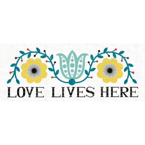 Folk Lodge Love Lives Here V2 Teal Gold Ornate Wood Framed Art Print with Double Matting by Mullan, Michael