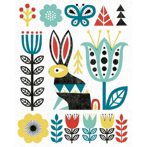 Folk Lodge Rabbit V2 Teal Gold Ornate Wood Framed Art Print with Double Matting by Mullan, Michael
