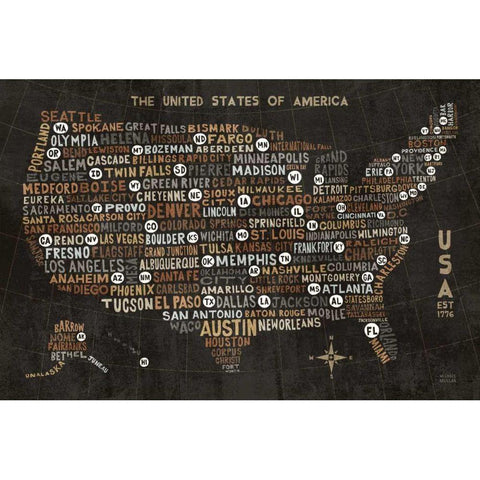 US City Map Black Black Modern Wood Framed Art Print with Double Matting by Mullan, Michael