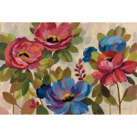 Coral and Blue Flowers Black Modern Wood Framed Art Print by Vassileva, Silvia