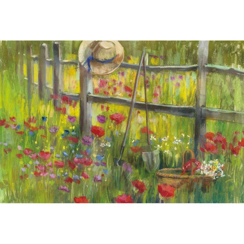 Gardening by the Fence White Modern Wood Framed Art Print by Rowan, Carol