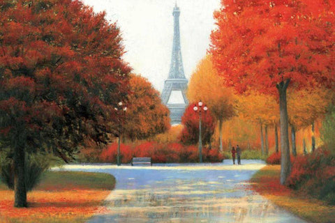 Autumn in Paris Couple  Black Ornate Wood Framed Art Print with Double Matting by Wiens, James