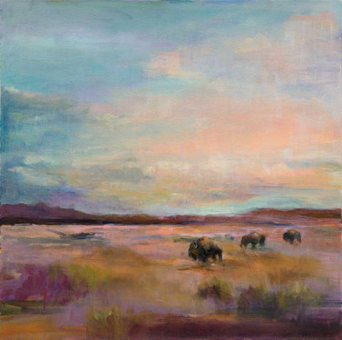 Buffalo Under Big Sky White Modern Wood Framed Art Print with Double Matting by Hageman, Marilyn