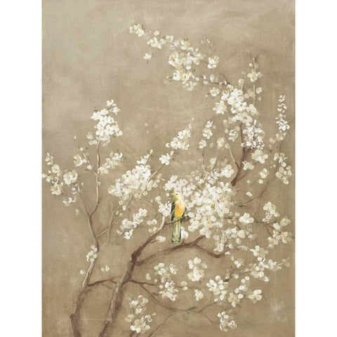 White Cherry Blossom I Neutral Crop Bird Black Modern Wood Framed Art Print with Double Matting by Nai, Danhui