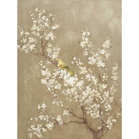 White Cherry Blossom II Neutral Crop Bird Black Modern Wood Framed Art Print with Double Matting by Nai, Danhui