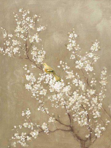 White Cherry Blossom II Neutral Crop Bird Black Ornate Wood Framed Art Print with Double Matting by Nai, Danhui