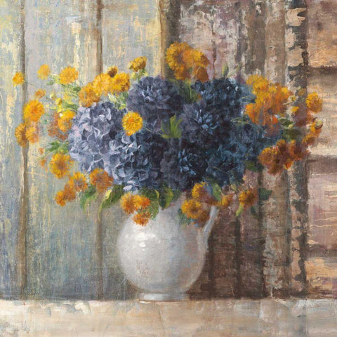 Fall Dahlia Bouquet Crop Blue Gold Ornate Wood Framed Art Print with Double Matting by Nai, Danhui