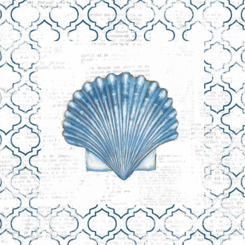 Navy Scallop Shell on Newsprint Black Modern Wood Framed Art Print with Double Matting by Adams, Emily