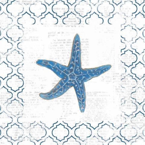 Navy Starfish on Newsprint Gold Ornate Wood Framed Art Print with Double Matting by Adams, Emily