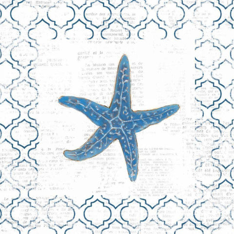 Navy Starfish on Newsprint Black Ornate Wood Framed Art Print with Double Matting by Adams, Emily