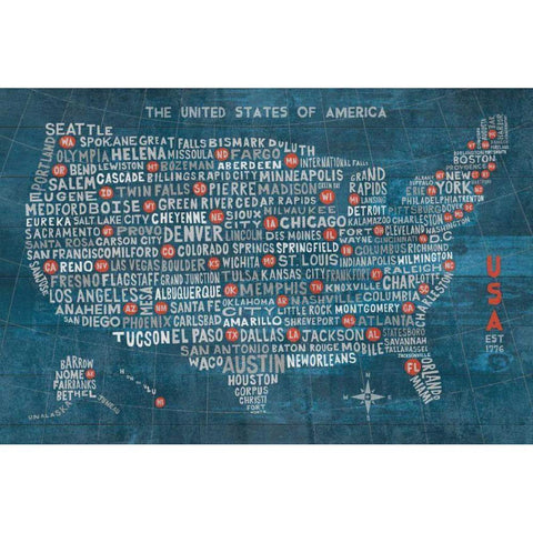 US City Map on Wood Blue Gold Ornate Wood Framed Art Print with Double Matting by Mullan, Michael