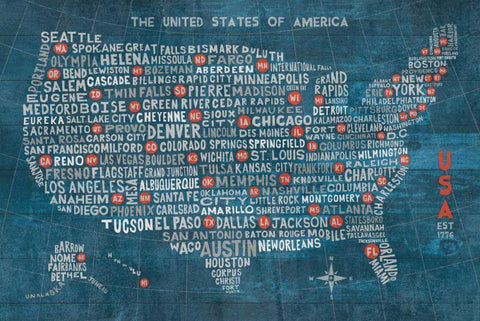 US City Map on Wood Blue Black Ornate Wood Framed Art Print with Double Matting by Mullan, Michael