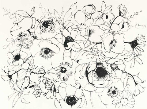 Black Line Poppies Mix Black Ornate Wood Framed Art Print with Double Matting by Novak, Shirley