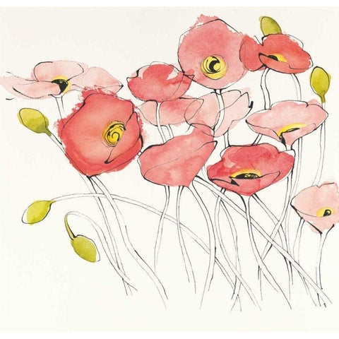 Black Line Poppies I Watercolor Gold Ornate Wood Framed Art Print with Double Matting by Novak, Shirley
