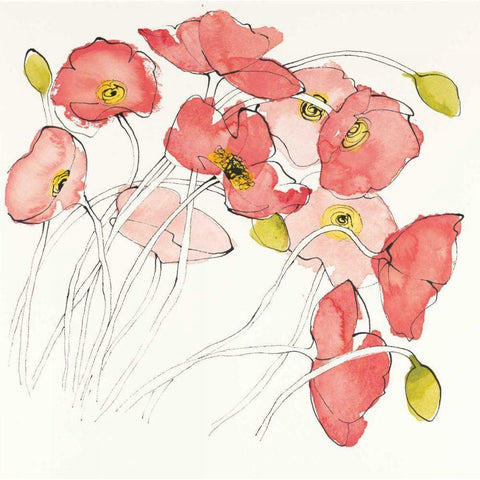 Black Line Poppies II Watercolor White Modern Wood Framed Art Print by Novak, Shirley