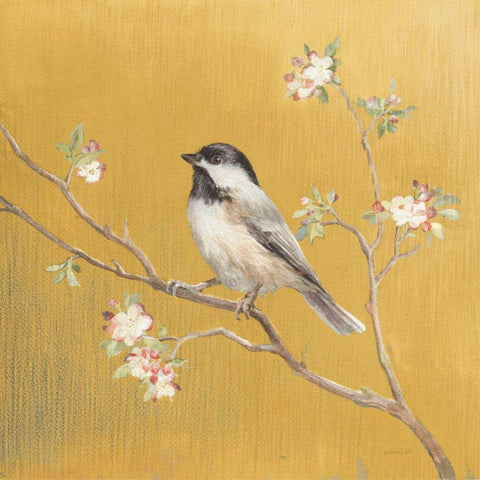 Black Capped Chickadee on Gold Black Ornate Wood Framed Art Print with Double Matting by Nai, Danhui
