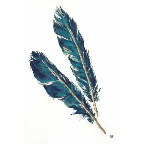 Gold Feathers III Indigo Gold Ornate Wood Framed Art Print with Double Matting by Paschke, Chris