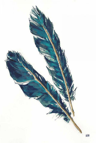 Gold Feathers III Indigo White Modern Wood Framed Art Print with Double Matting by Paschke, Chris