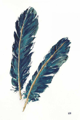 Gold Feathers IV Indigo White Modern Wood Framed Art Print with Double Matting by Paschke, Chris