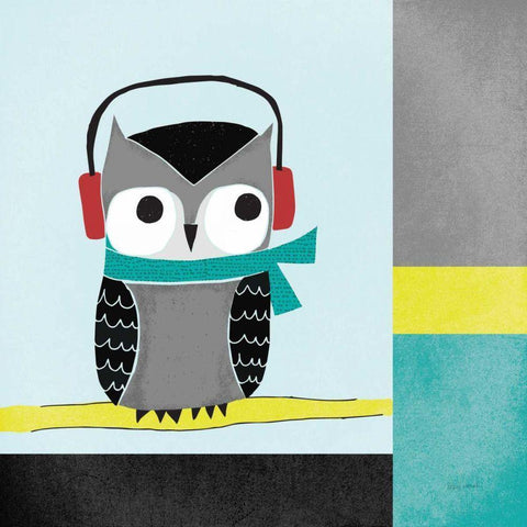 Owls I Blue Gray and Yellow Black Modern Wood Framed Art Print by Warrick, Cheryl