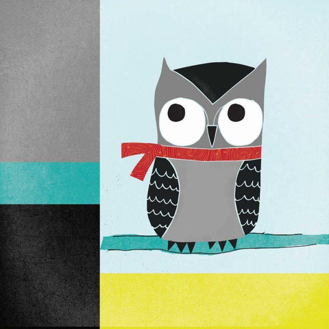 Owls III Blue Gray and Yellow Black Modern Wood Framed Art Print by Warrick, Cheryl